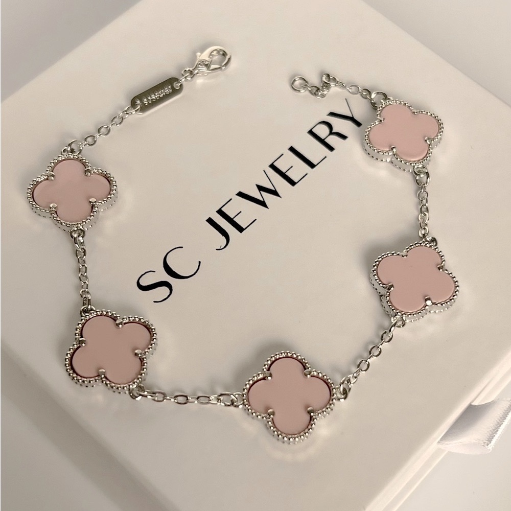 Pink Clover Bracelet Double Sided Silver Color Four Leaf - Picture 3 of 8